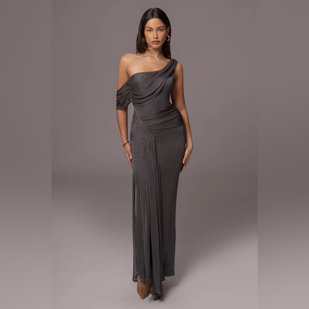 JLUXLABEL One-Shoulder Charcoal Grey Maxi Dress
